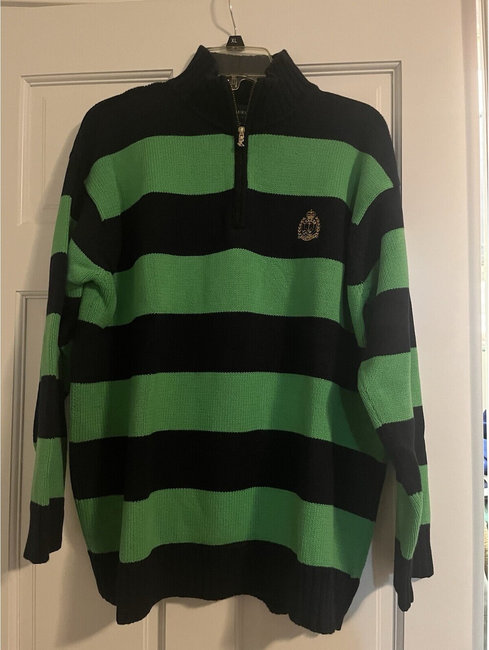 Vtg Lauren Ralph Lauren Navy Green Knit Rugby Sweater Small
